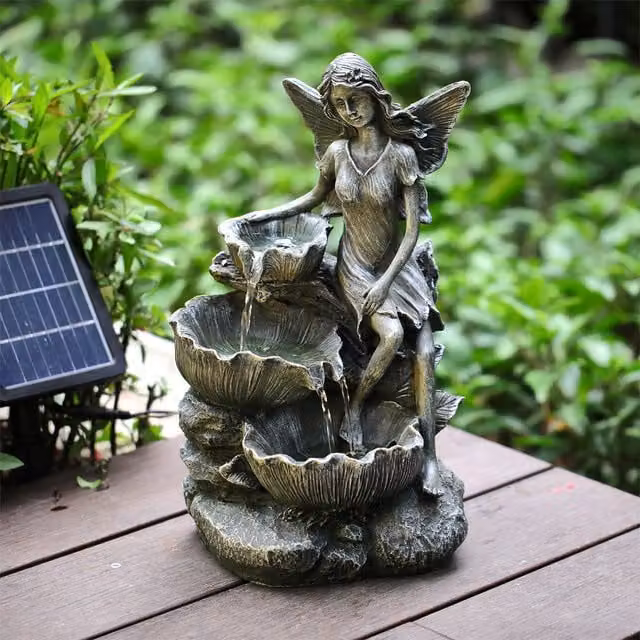 Livingandhome Grey Resin Solar LED Tabletop Water Fountain