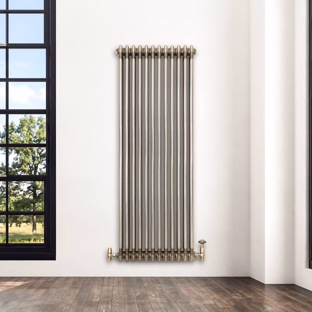 Monstershop Traditional 3 Column Steel Radiator and Valves in Silver, H: 150 cm, W: 56 cm – 4
