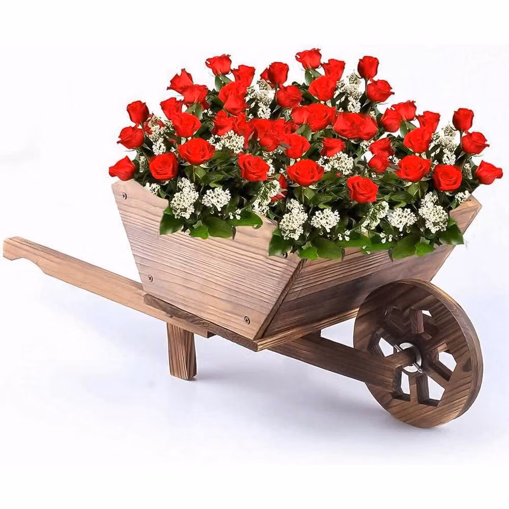 FLAVORA Brown Wood Wheelbarrow Planter Box, W/D/H: 32.0 x 27.7 x 27.7 cm – 4
