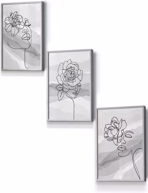 ARTZE Set of 3 Modern Abstract Floral Face Line Art Wall Illustrations in Grey and Black, W: 33 cm, H: 45 cm, D: 2 cm