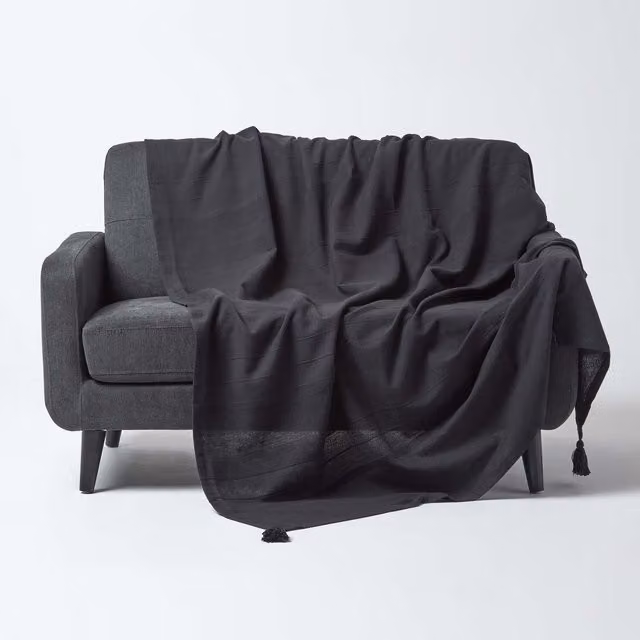 Homescapes Cotton Rajput Ribbed Woven Throw in Black