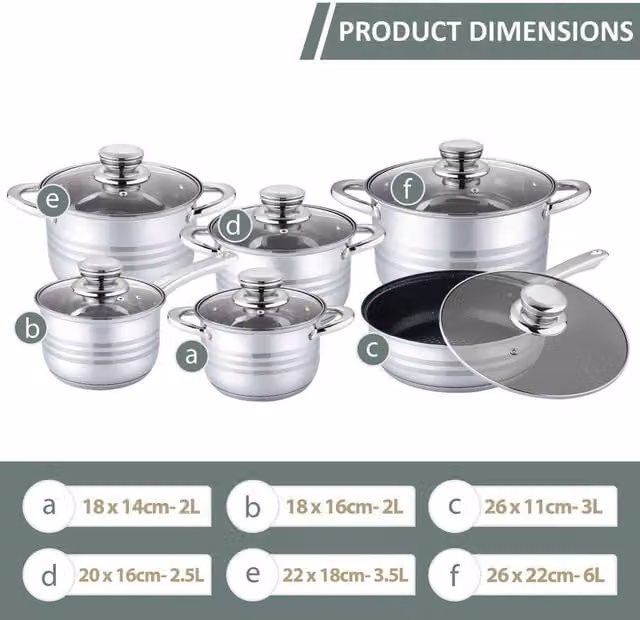 FLAVORA 12-Piece Stainless Steel Stockpot Set with Glass Lids in Metallic Silver – 1