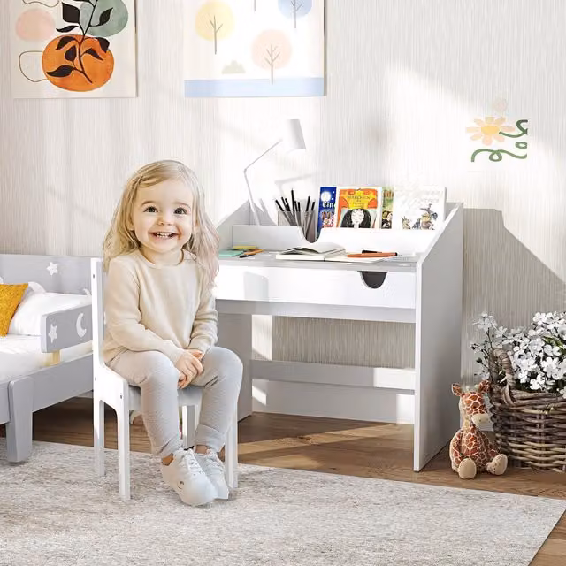 AIYAPLAY Childrens Study Table and Chair Set with Storage and Pull-Out Drawer, Grey