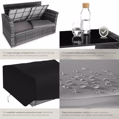 tectake Modern Rattan Garden Furniture Set in Grey with Metal and Glass Details for 7 Adults – 5