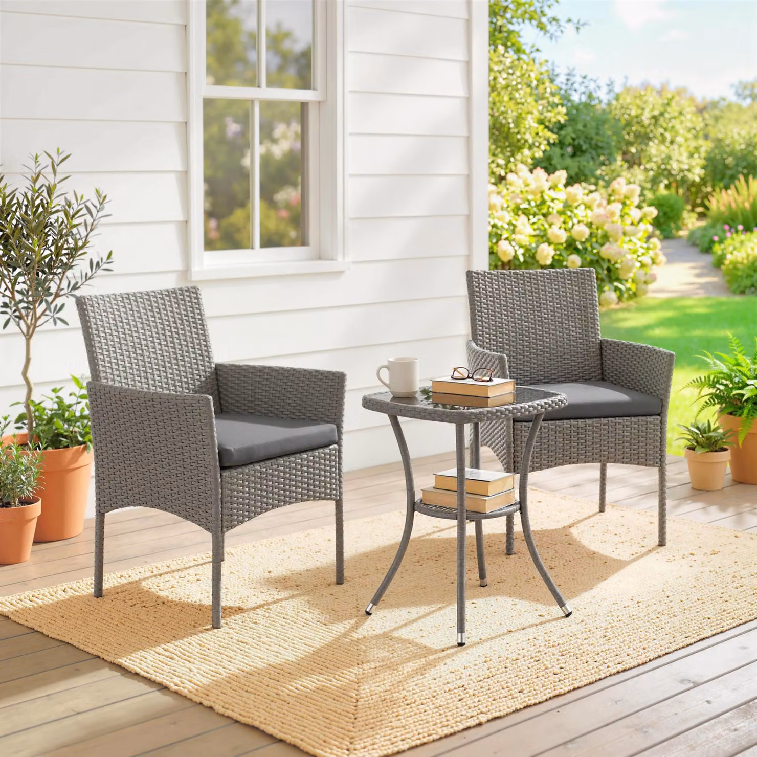 Outsunny 3 Piece Rattan Bistro Set with 2 Tier Glass Top Table and Chairs in Dark Grey – 2