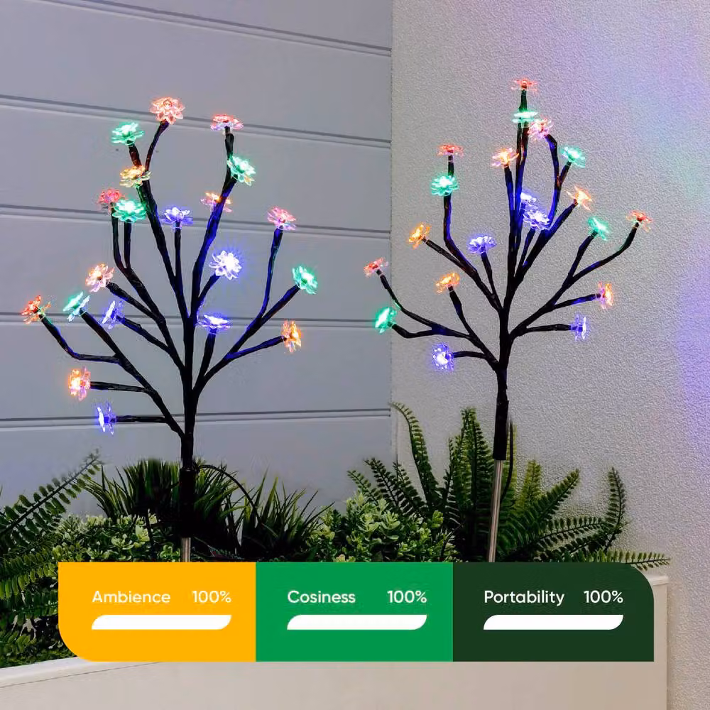Gardenwize Set of 2 Solar Flower Tree Stake Lights with 16 Multi Colour LEDs in Black – 2