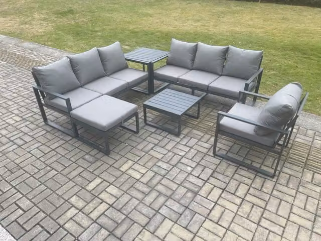 Fimous 8 Seater L-Shape Outdoor Garden Furniture Set in Dark Grey with Powder Coated Aluminium Frame, Coffee Table and Ottoman
