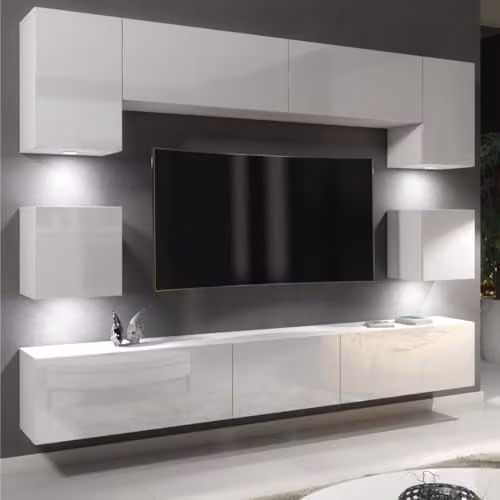 Creative Furniture Modern Wall Mounted TV Stand and Living Room Cupboard with White Glossy Hinged Doors and Integrated Lighting W/D/H: 242 x 35 x 207 cm