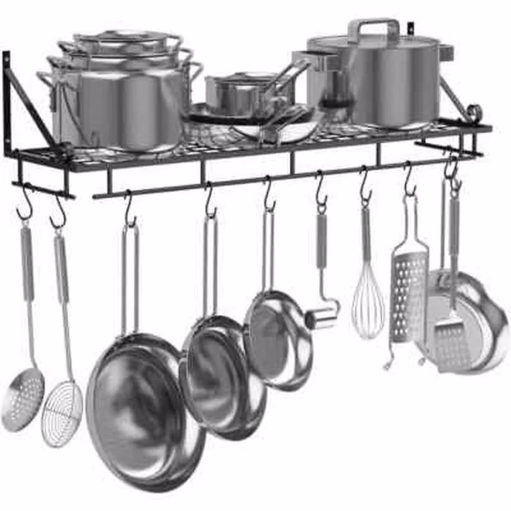 KORVIXA Black Metal Wall Mounted Pot Rack with 10 Hooks, W: 100 cm, D: 15 cm, H: 25 cm – 3