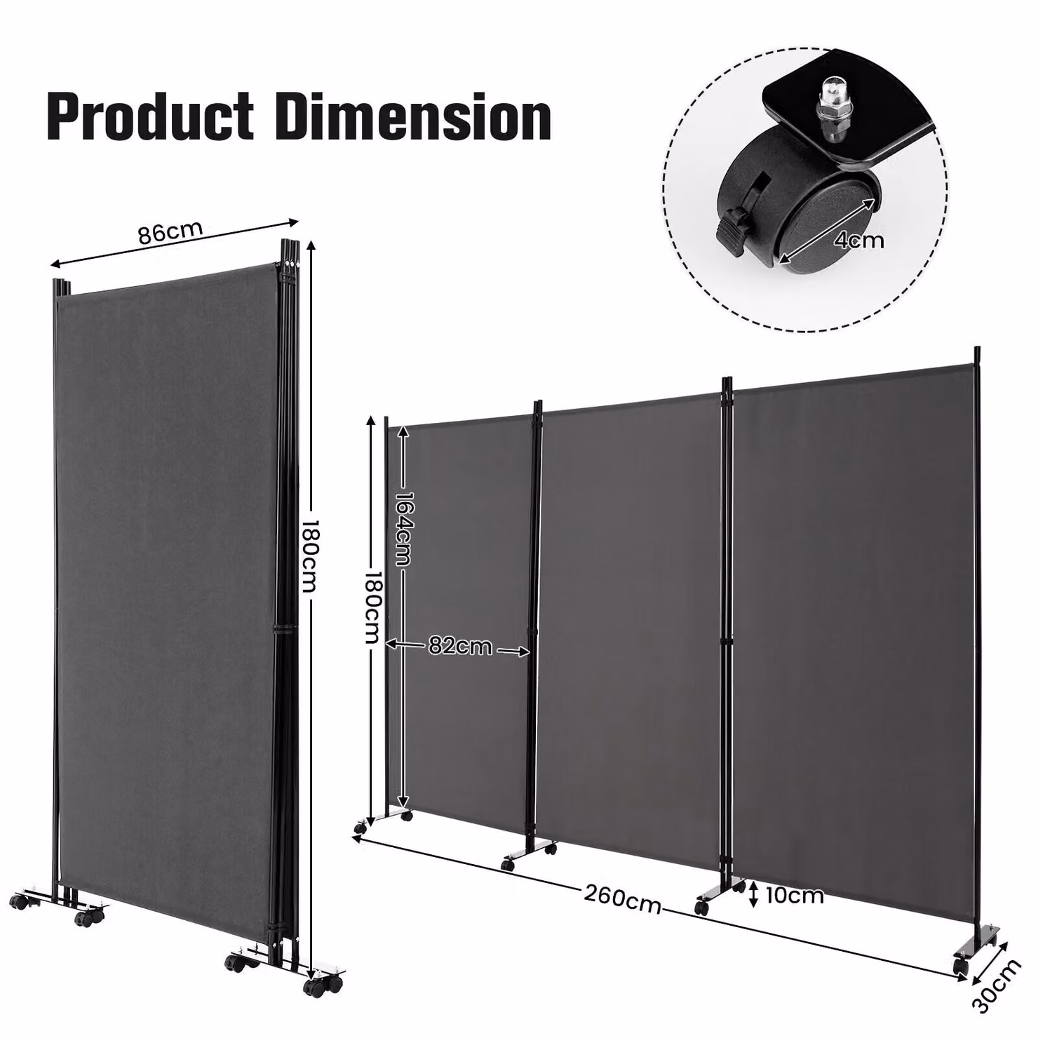 Costway 3 Panel Rolling Room Divider Privacy Screen in Grey – 2