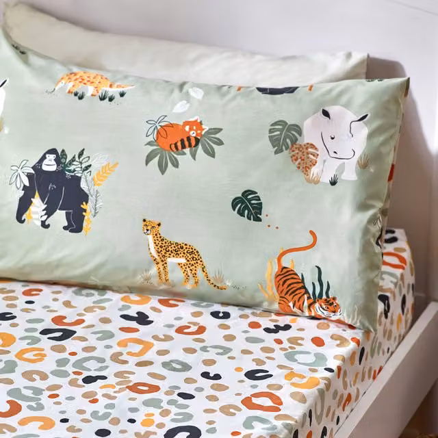 Make It A Home Wildlife Animal Print Fitted Sheet, White, W: 140 cm, L: 200 cm