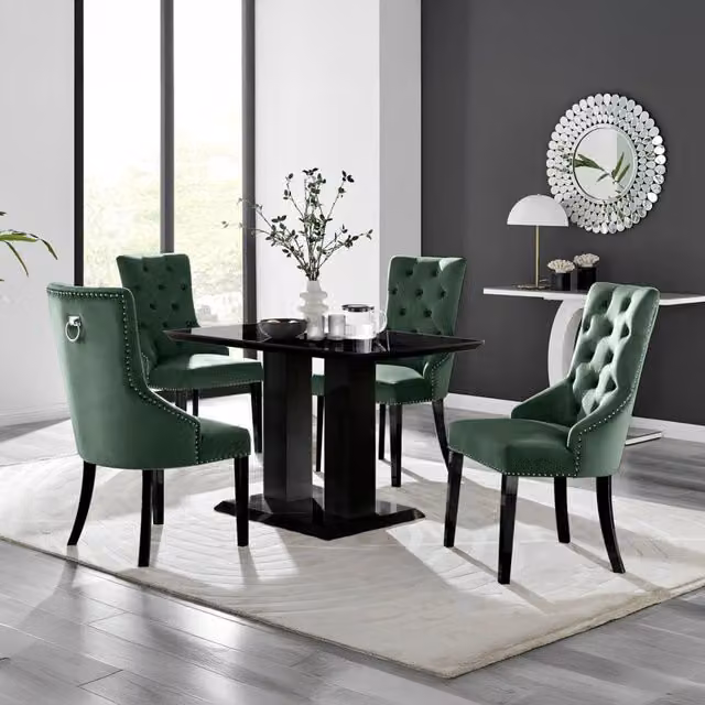 FurnitureboxUK Imperia 4 Black Dining Table and 4 Belgravia Black Leg Chairs in Green