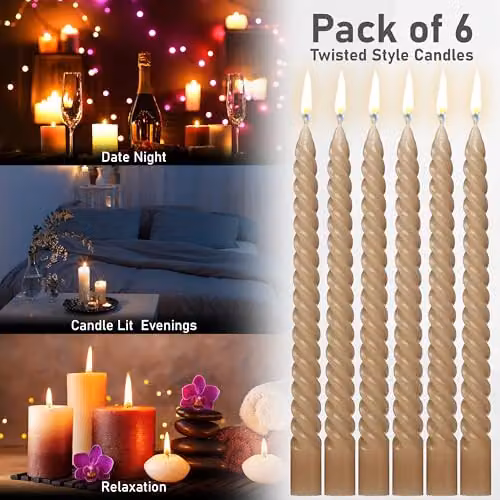 Deco Express Non-Drip Twisted Unscented Dinner Candles, Brown, Pack of 6 – 6