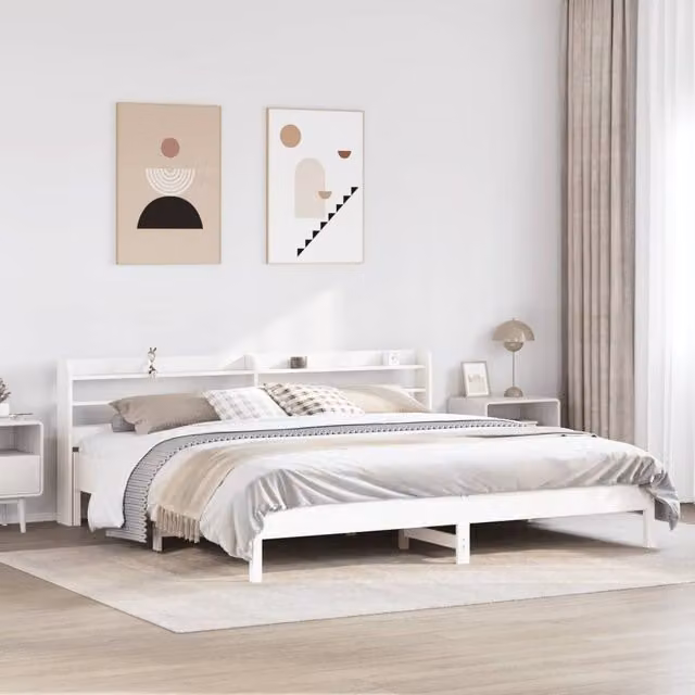 Berkfield Home White Solid Pine Bed Frame with Side Compartments, W/D/H: 180 x 200 cm