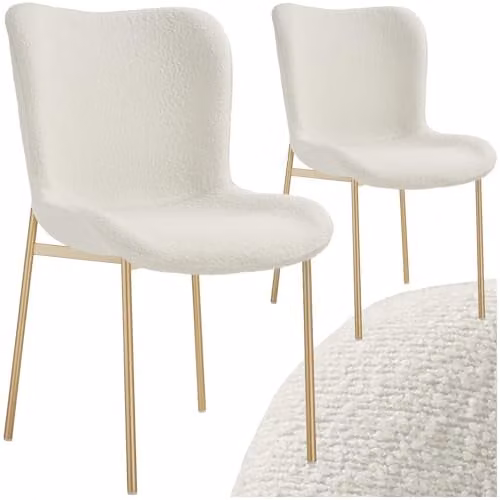 tectake Set of 2 Tessa Dining Chairs in White Bouclé with Gold Metal Legs
