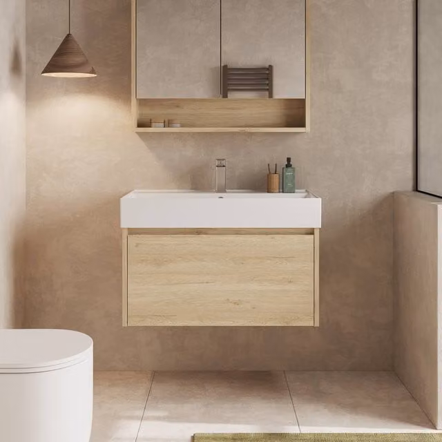 Banyetti Mino 800mm Wall Hung Vanity Unit with Veneto 1TH Basin in Natural Light Oak – 1