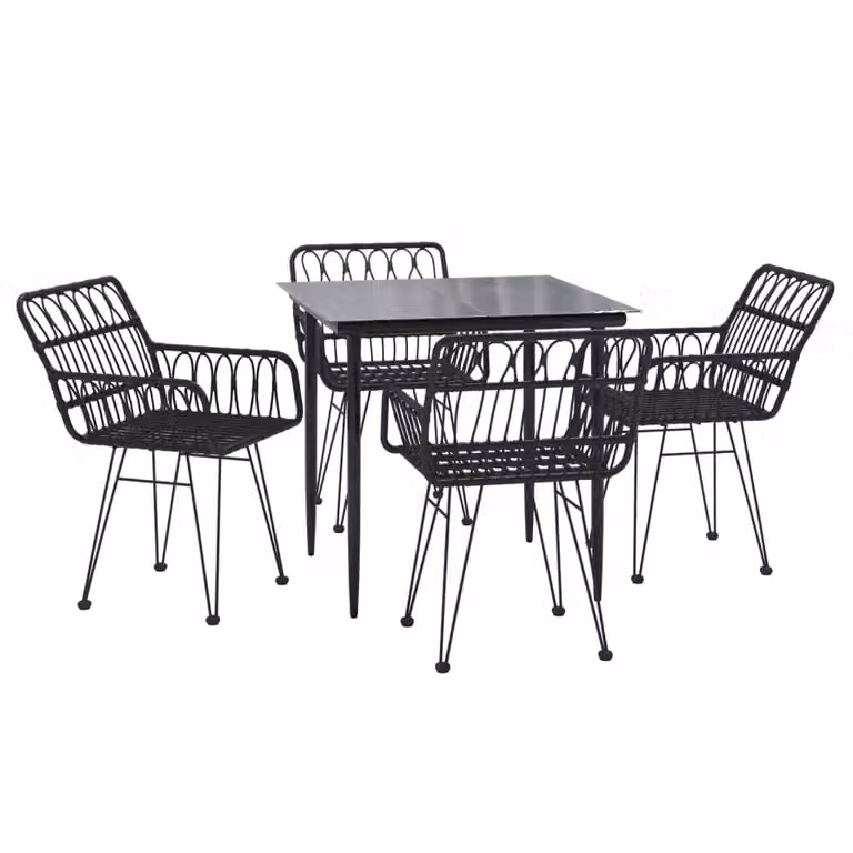 Berkfield Home 5 Piece Modern Garden Dining Set in Black Poly Rattan with Metal and Glass Details