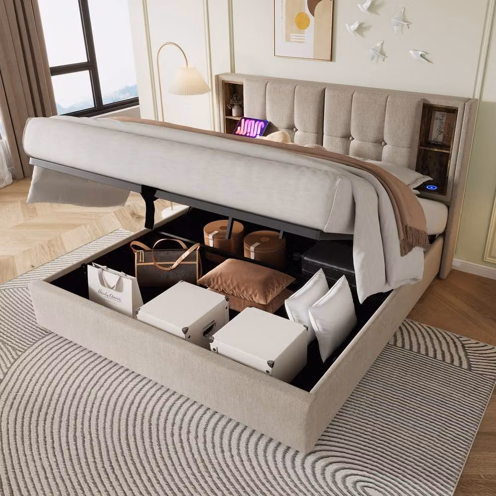 Rolipo Super King Upholstered Storage Bed with Wireless Charging and USB Port, Beige, W/D/H: 180 x 200 x 27 cm – 6
