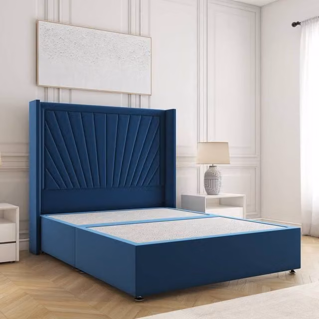 BSSPOKE Alina King Size Divan Bed with 54 inch Plush Velvet Headboard in Blue