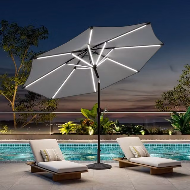 Breeins Modern Outdoor Parasol with LED Strips and Grey Floral Composite Resin Base
