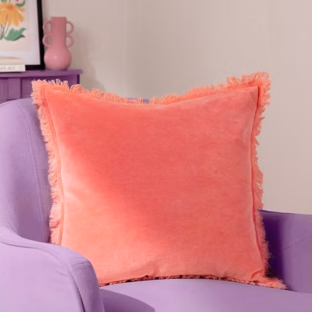Gracie Velvet Fringed Filled Cushion, Coral Pink/Orange, W x D: 45 x 45 cm – 1