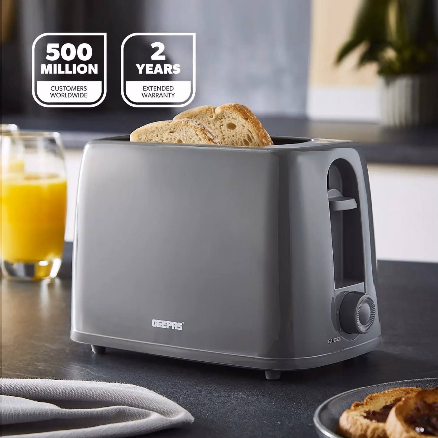 Geepas 2 Slice Bread Toaster with 6 Level Browning Control and Crumb Tray in Grey – 2