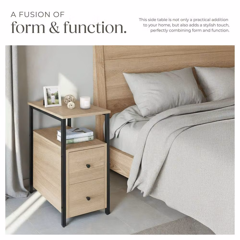 tectake Tullamore Bedside Table with 2 Shelves and 2 Drawers in Light Oak – 4
