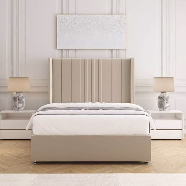 BSSPOKE Charlotte Double Divan Bed Set with 54 inch Headboard and Mattress in Beige Plush Velvet