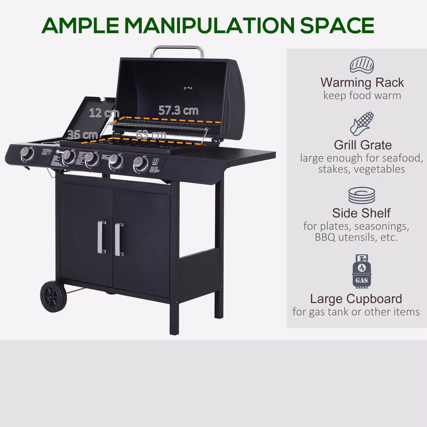 Outsunny 4+1 Gas Burner BBQ Trolley with Side Burner, Smoker, and Storage Side Table in Black – 5