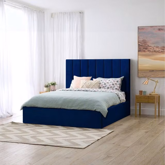 Desire Deco Gloria Upholstered Velvet Storage Bed in Blue, W/D/H: 140 x 200 cm