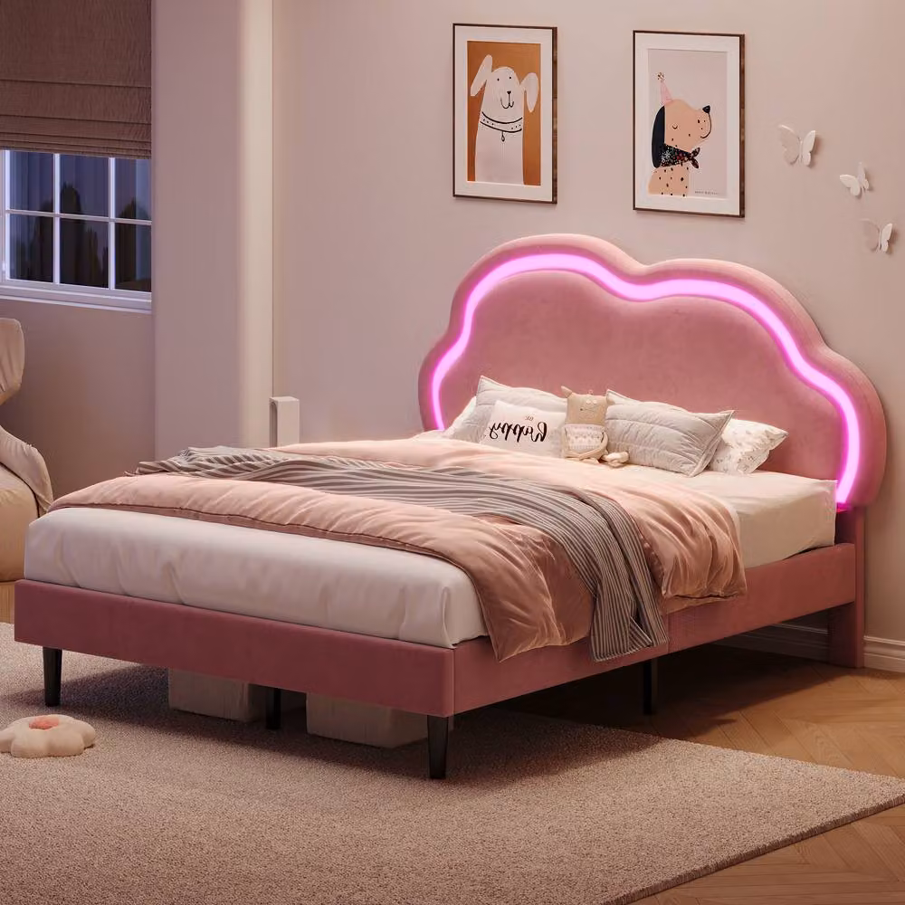 Merax Double Upholstered Velvet Bed with LED Adjustable Cloud Headboard in Pink, W/D/H: 140 x 200 cm – 2
