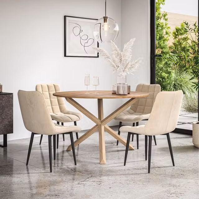 More4Homes Malvern Round Oak Effect Dining Table Set with 4 Beige Nova Velvet Chairs