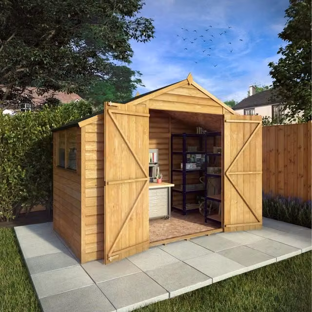 Waltons Wooden Overlap Apex Roof Garden Storage Workshop Shed with Double Doors and Window, Brown, W: 304.8 cm, D: 152.4 cm