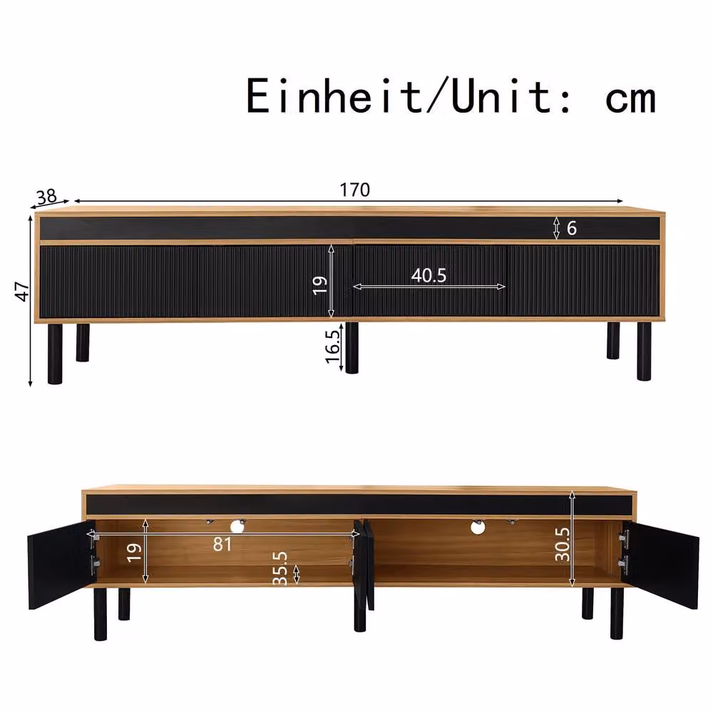 BTM Modern 4-Door TV Cabinet in Black and Natural Wood, W/D/H: 170 x 38 x 47 cm – 4