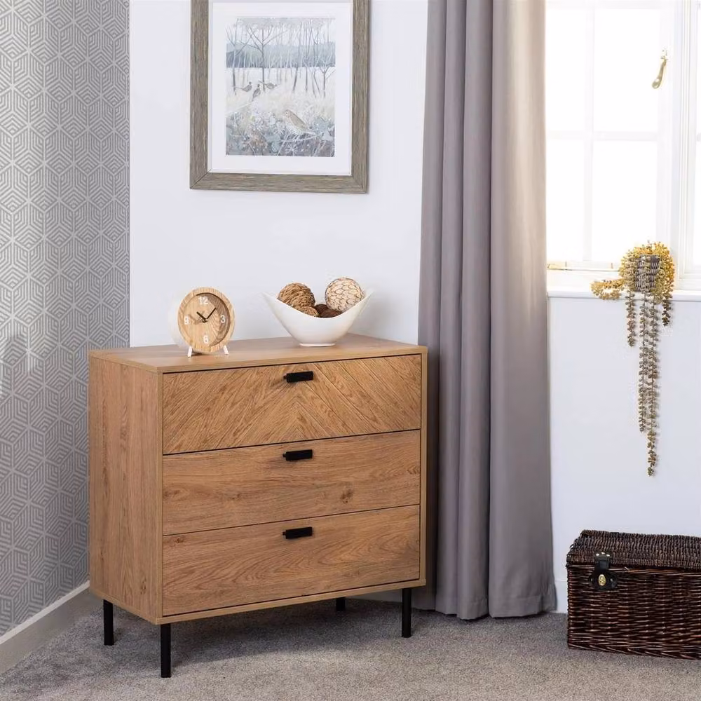 FORGEVIO Herringbone 3 Drawer Bedroom Storage Chest in Medium Oak and Beige – 2
