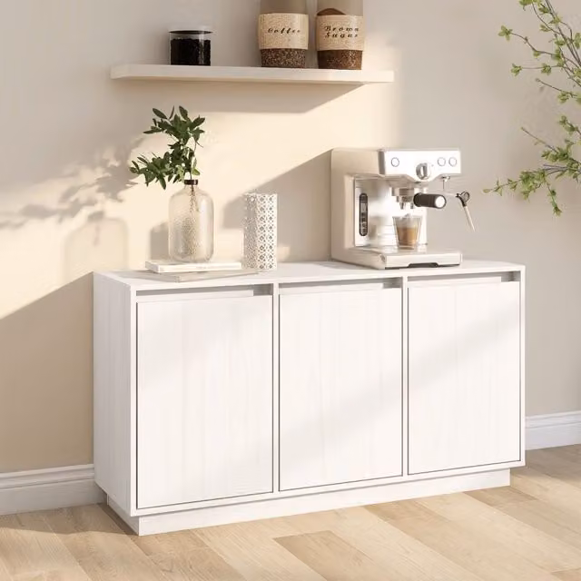Berkfield Home White Solid Wood Pine Sideboard, W: 111 cm, D: 34 cm, H: 60 cm