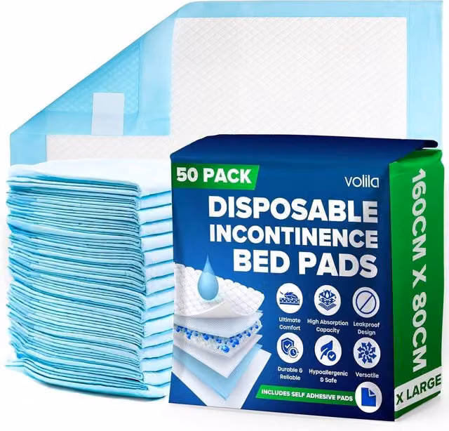 Volila 50 Pack Triple Layer Absorbent Incontinence Bed Pads, White, W/D: 160 x 80 cm – 1