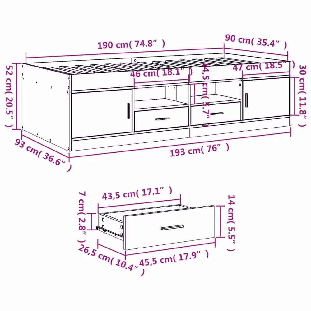 Berkfield Home Single Daybed with Drawers in Concrete Grey, W: 90 cm, L: 190 cm – 3