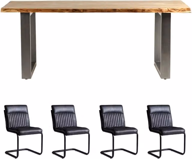 IH Design Acacia Wood Rectangular Dining Table and 4 Chairs Set with Live Edge in Brown, Black and Grey