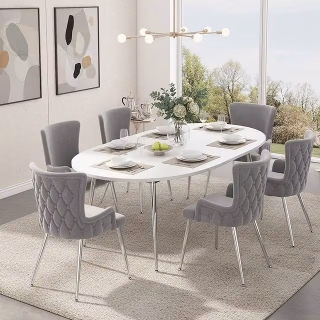 Merax Set of 6 Grey Velvet Upholstered Wingback Dining Chairs with Gold Metal Legs – 1