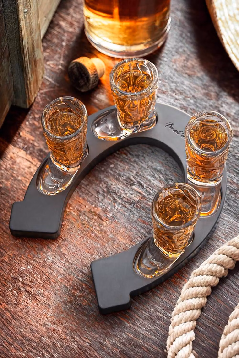 Final Touch Horseshoe Boot Shot Glass Set in Clear, featuring 4 x 1oz Cowboy Boot Glasses and a Horseshoe-Shaped Serving Tray – 2