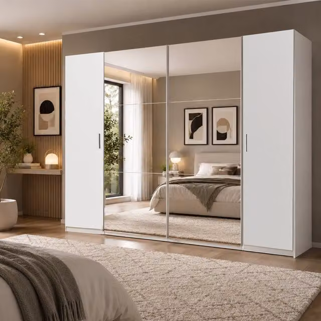 Lotto 4 Door Mirrored Sliding Wardrobe in Matt White, Width: 270 cm