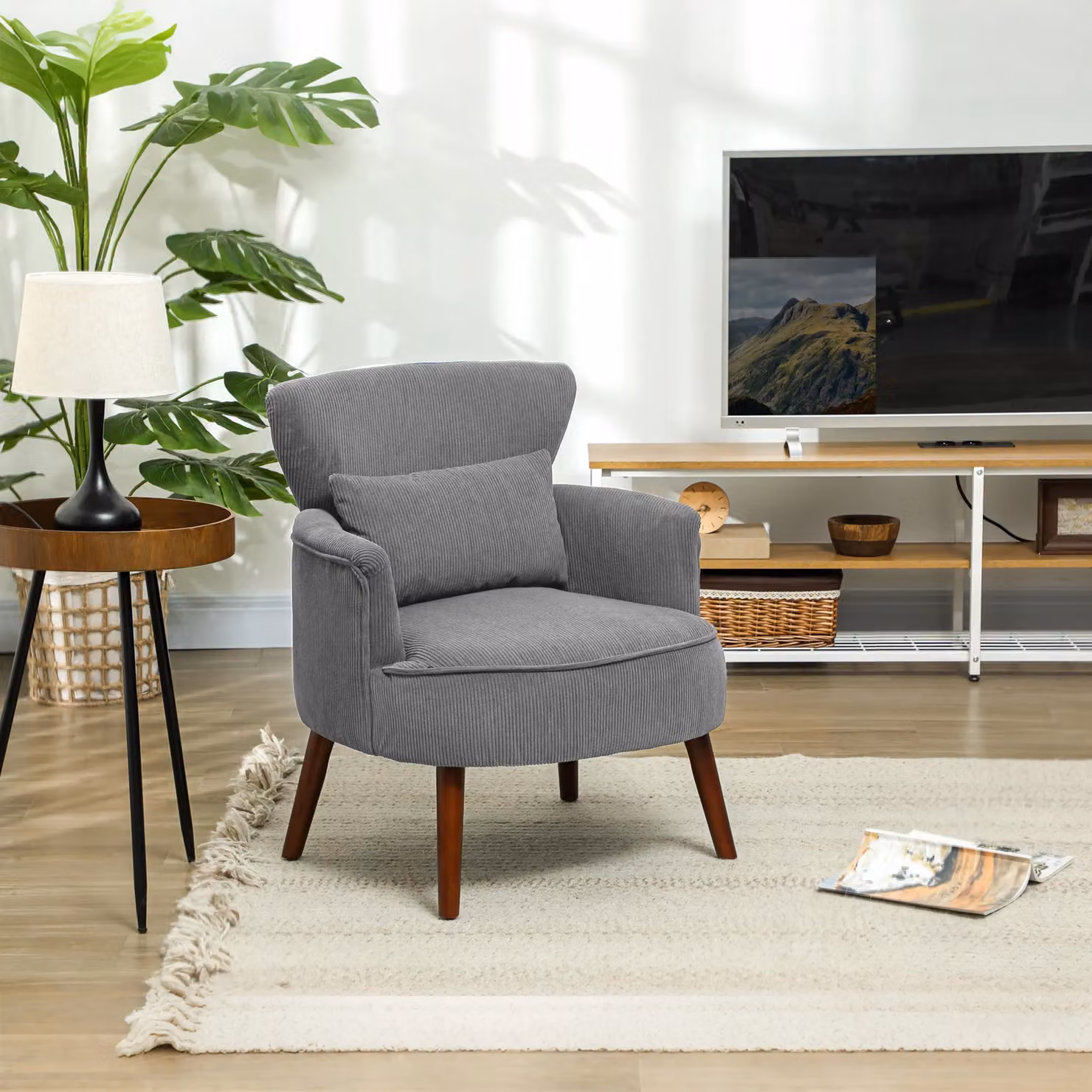 HOMCOM Retro Tub Armchair with Solid Wood Frame and Mixed Padding, Grey, W/D/H: 69.5 x 69.0 x 78.0 cm – 2