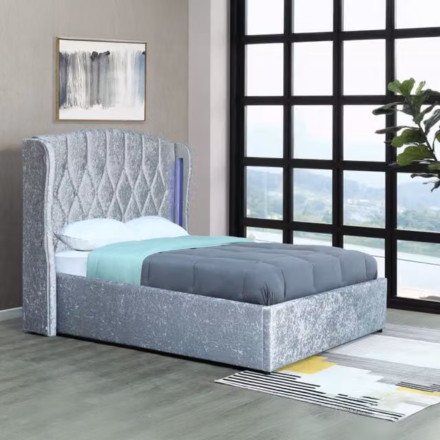 Mayfair Double Crush Silver Velvet Ottoman LED Bedframe with Lift Up Base, W: 140 cm, L: 200 cm