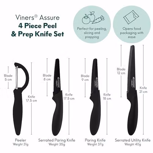 Viners Assure 4 Piece Black Peel and Prep Knife Set with Stainless Steel Blades – 4