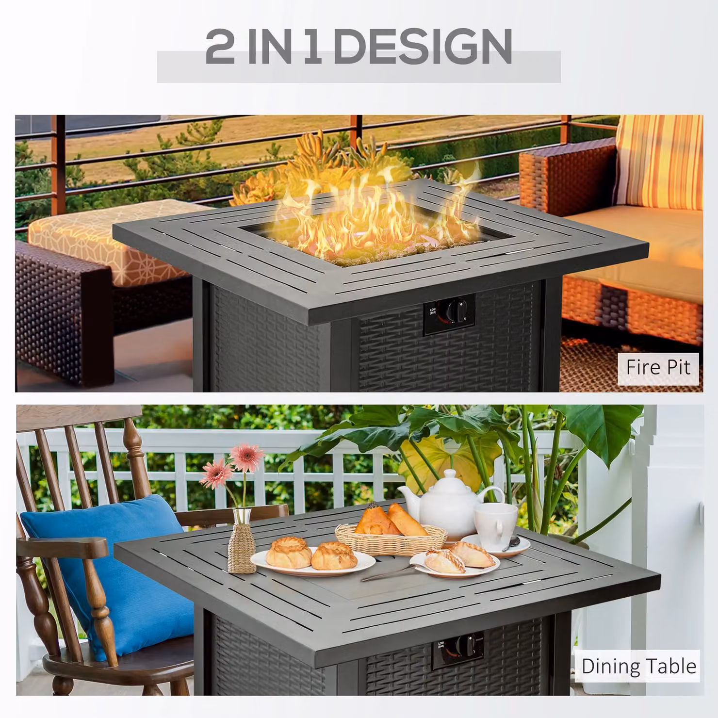 OUTSUNNY Black Rattan Outdoor Propane Gas Fire Pit Table with Rain Cover, W/D/H: 71 x 62 x 71 cm – 4