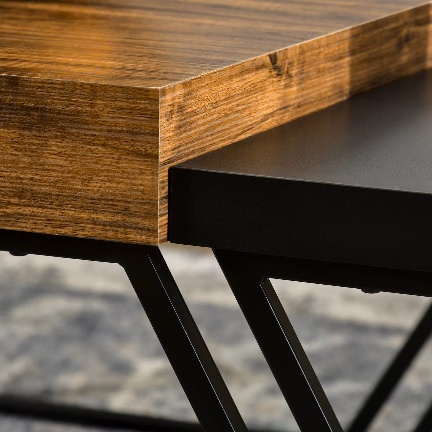 HOMCOM Set of 2 Industrial Geometric Coffee Tables with Black Steel Frame and Wood Tops – 8