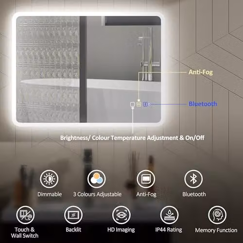 HOMCOM LED Bluetooth Bathroom Mirror, Silver and White, W: 60 cm, H: 80 cm, Dimmable and Shatterproof – 3