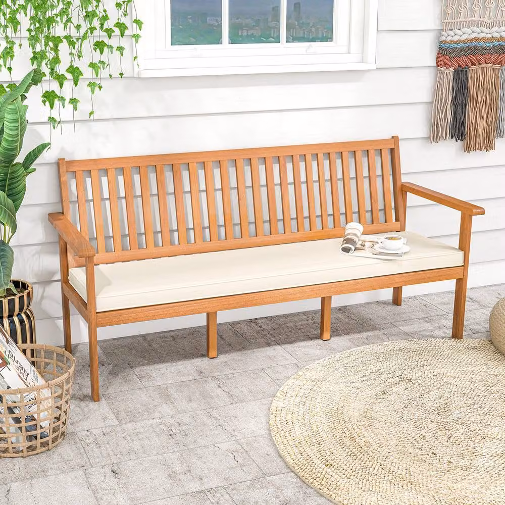 Costway 3-Seat Outdoor Acacia Wood Garden Bench with Removable Weather-Resistant Cushions in Brown – 2