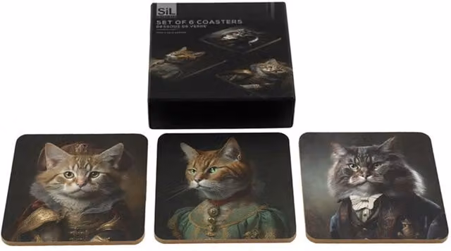 KDMK Set of 6 Square Cat Portrait Coasters in Multicolour and Yellow